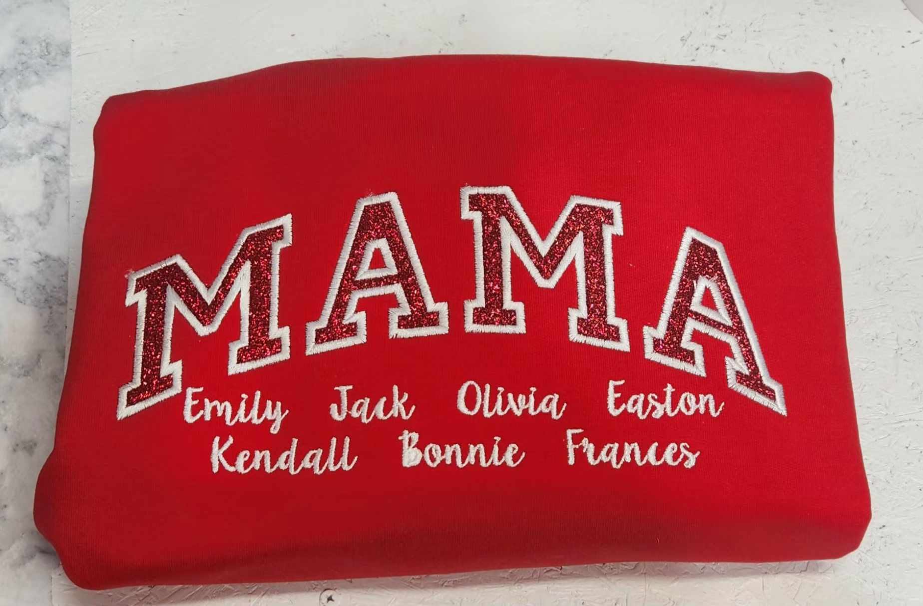 MAMA GLITTER APPLIQUE W/ CUSTOM NAMES TEE OR SWEATSHIRT