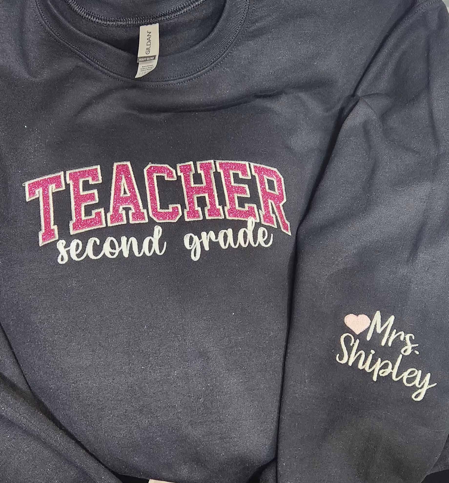 TEACHER GLITTER APPLIQUE CUSTOM GRADE SWEATSHIRT w/ SLEEVE DETAIL