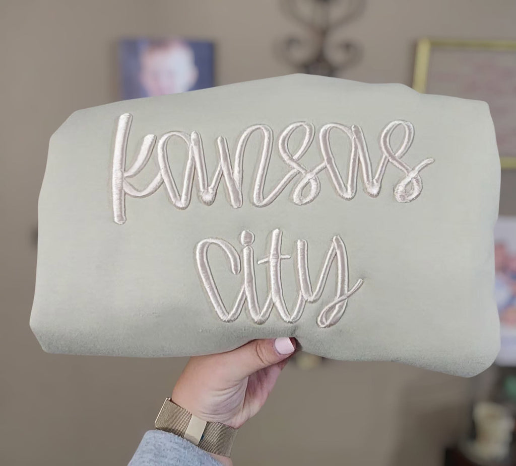 KANSAS CITY PUFF EMBROIDERY TEE OR SWEATSHIRT
