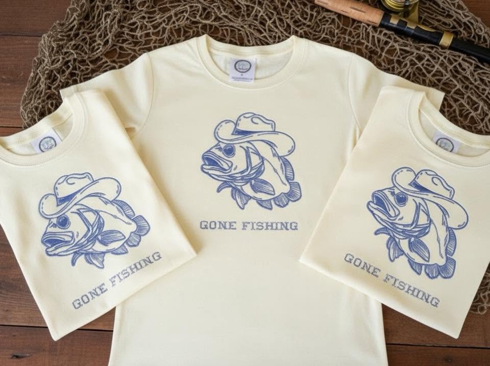 GONE FISHING COWBOY HAT TEE OR SWEATSHIRT